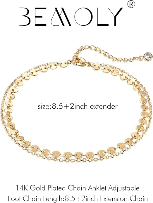 Dainty Gold Double Layer Disc Anklet for Women, 14K Gold Plated Sequin Chain Foot Bracelet, 8.5"+2" Adjustable Delicate Stackable Ankle Bracelet, Minimalist Summer Beach Jewelry Gift for Her