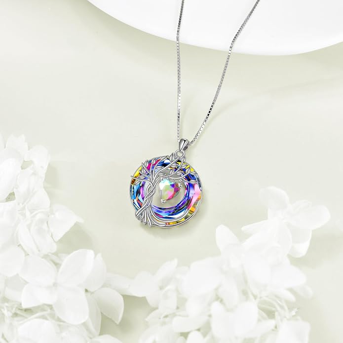 POPLYKE Mothers Day Gifts for Mom Her Wife Tree of Life Necklace 925 Sterling Silver Birthstone Pendant with Crystal Anniversary Birthday Wedding Jewelry for Women