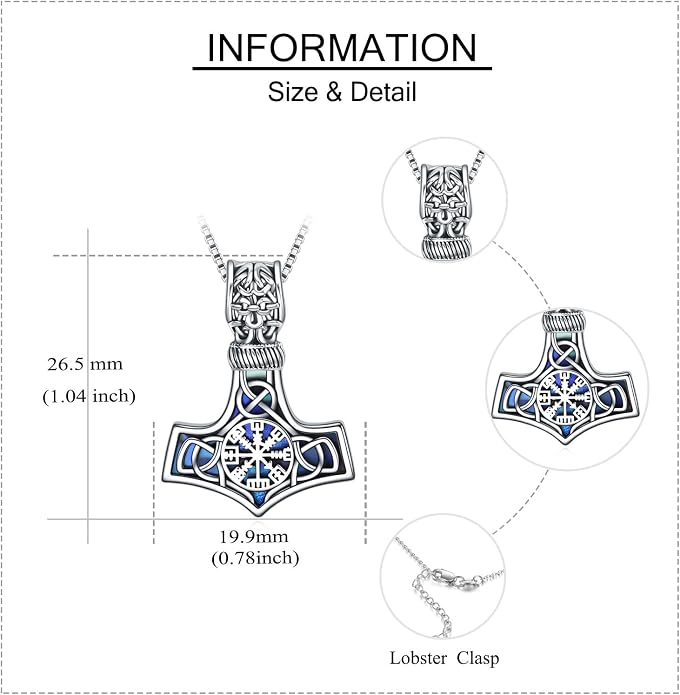 Compass Thor Hammer Necklace Sterling Silver Viking Compass Mjolnir Jewelry Gift for Men