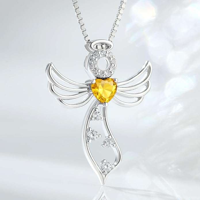 925 Sterling Silver Guardian Angel Pendant Necklace for Women - Birthstone Cubic Zirconia, 18" Chain, Gift for Her