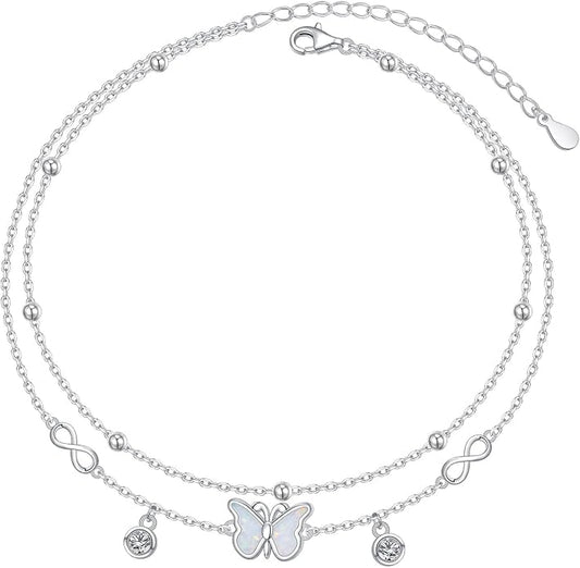 Anklets for Women 925 Sterling Silver Blue Evil Eye Infinity Butterfly Adjustable Multilayer Layered Summer Beach Ankle Bracelet Foot Chain Jewelry for Women