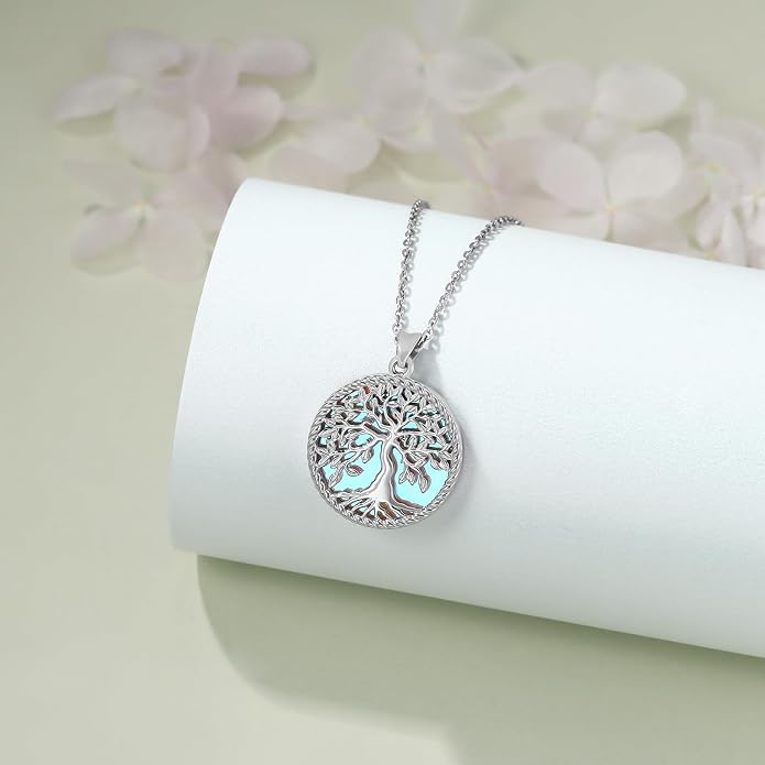 Aniu Tree of Life Necklace for Women, 925 Sterling Silver Mother of Pearl Family Palm Tree Charm Pendant Jewelry for Birthday Christmas Gift