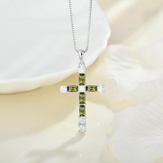 Birthstone Cross Necklace for Women 925 Sterling Silver Christian Religious Crucifix Pendant Rectangular Cut Birthstone Jewelry Gifts for Her
