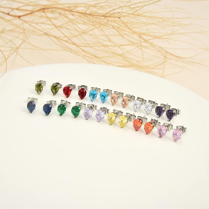 12 Pairs Surgical Stainless Steel Stud Earring Round Heart Star Square Cubic Zirconia Birthstone Stud Earrings Set for Women