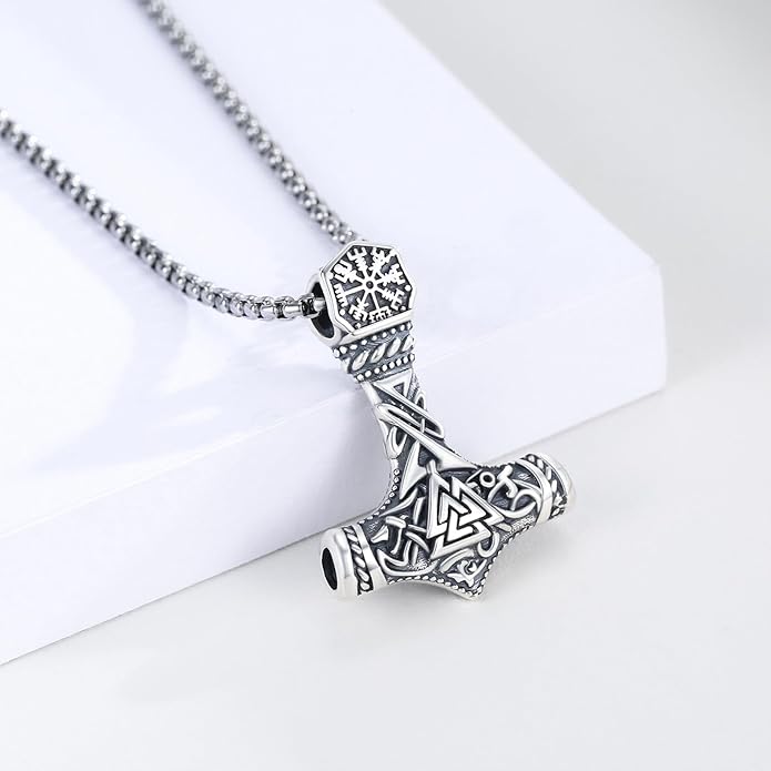 925 Sterling Silver Viking Norse Mjolnir Thor Hammer Pendant Amulet Necklaces with Gifts Box