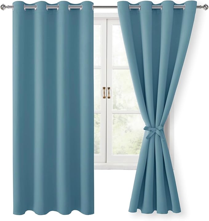 Hiasan Blackout Curtains for Bedroom, 52 x 63 Inches Length - Thermal Insulated & Light Blocking Window Curtains for Living Room, 2 Drape Panels Sewn with Tiebacks, Stone Blue