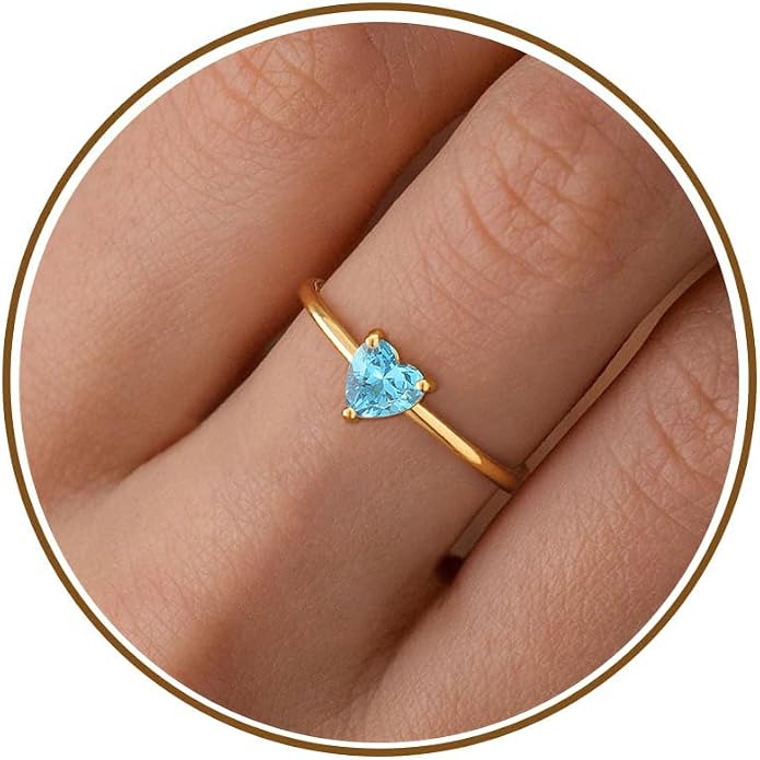 WFYOU Gold Heart Birthstone Rings for Women 14K Gold Plated Non Tarnish Stackable Pinky Cubic Zirconia Rings Emerald Dainty Gemstone Thumb Ring Band Cute Jewelry Birthday Gift Size 5-10