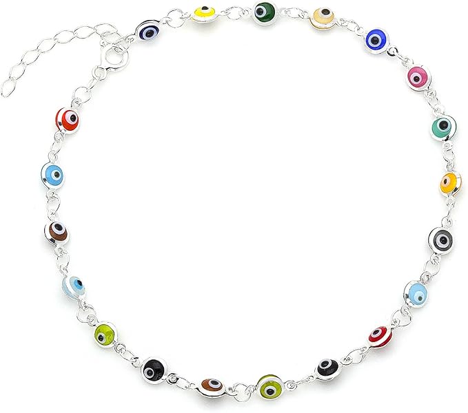 D Jewelry Multi-Color Guardian Eye Talisman Small Beads Anklet Bracelet on 925 Sterling Silver Adjustable 8.5" - 9.5"