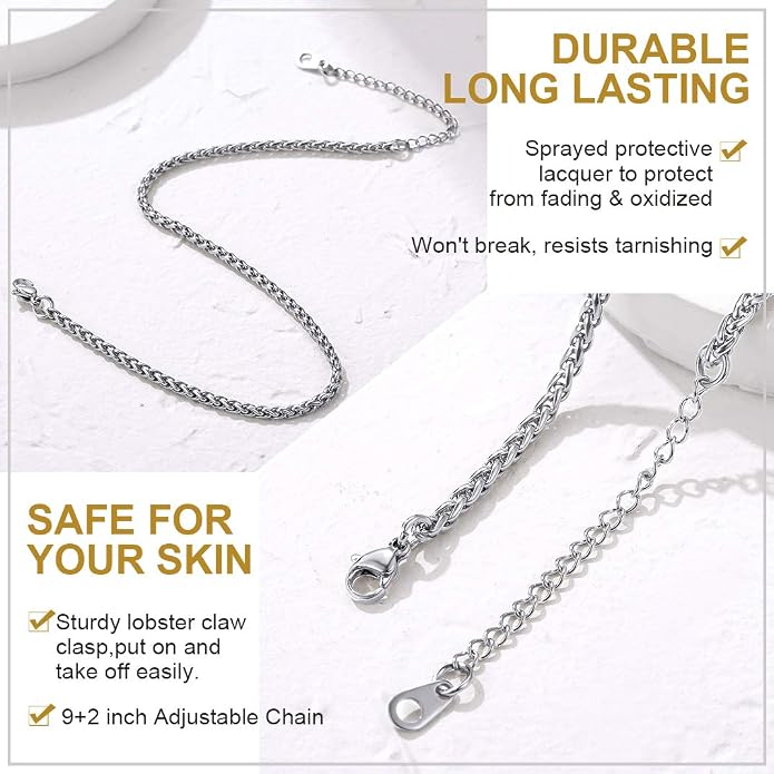 GoldChic Adjustbale Link Chain Anklet for Women Summer Jewelry, 316L Stainless Steel Figaro/Wheat/Twist Rope/Cuban Foot Bracelet-Waterproof, Resizable 9"-12" (Gift Box Included)