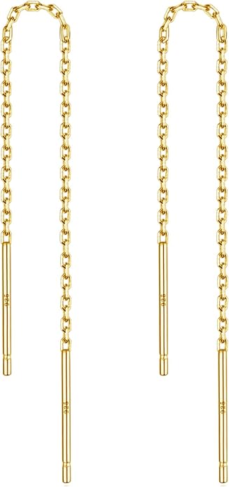 3 Pairs Threader Earrings 925 Sterling Silver Long Chain Earrings Bar/Ball Wrap Threader Drop Earrings for Women Lightweight Minimalist Mother's Day Jewelry Set