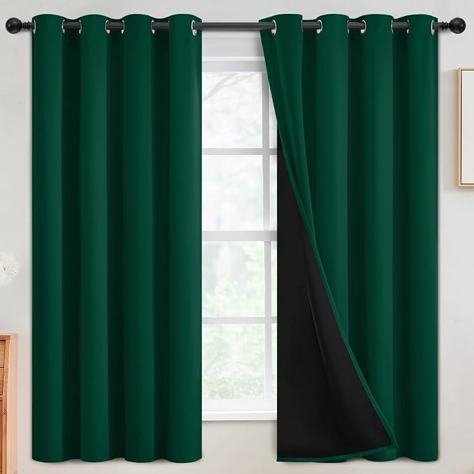 SimpleHome Dark Green 100% Blackout Curtains Room Darkening Living Room 63 | Curtains for Bedroom,Thermal Insulated Grommet Window Drapes,Curtains for Living Room with Black Back,52 x 63 Inch,2 Panels