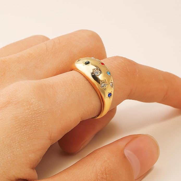 Gold Silver Rings Set for Women Chunky Statement Rings ZC Dome Evil Eye Croissant ring Thick 18K Gold Plated Band Rings