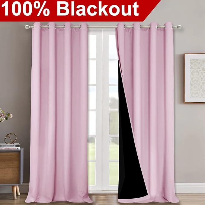 NICETOWN Full Shading Curtains 90" Long 2 Panels Set for Windows, Lavender Pink, Pack of 2, 52" W, Super Heavy-Duty Black Lined Blackout Curtains for Bedroom, Privacy Assured Window Treatment