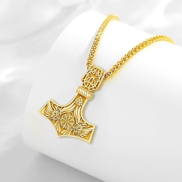 Viking Mjolnir Thors Hammer Necklace Norse Thor Talisman Amulet Pendant 925 Sterling Silver 18k Gold Plated Viking Jewelry Gifts for Men Women