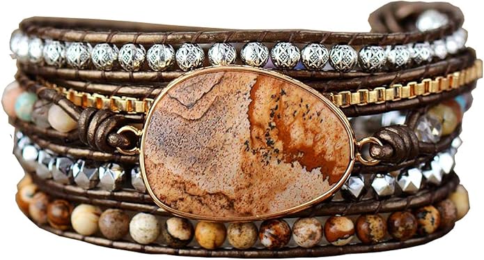 Boho Wrap Bracelet for Women, Handmade Natural Imperial Jasper Multi-Layer Stone Beaded Bracelet, Bohemian Healing Crystal Stone Jewelry Gifts