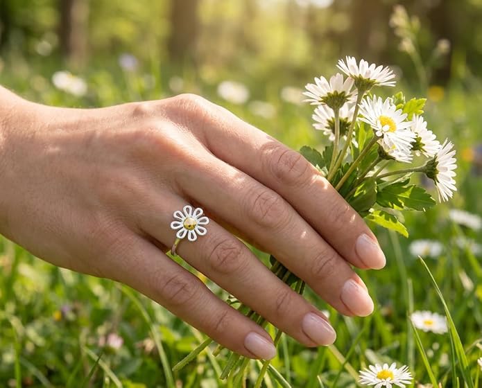 Bling Jewelry Delicate 14K Gold Plated .925 Sterling Silver Tiny Two Tone Flower Daisy Ring for Women and Teens Thin 1mm Band