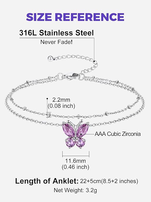 Richsteel Double Layer Heart/Butterfly Birthstone Anklet for Women Non Tarnish Waterproof, Silver/Gold/Black Stainless Steel 8.5-10.5 Inch Adjustable Chain Anklets Jewelry Gifts for Her