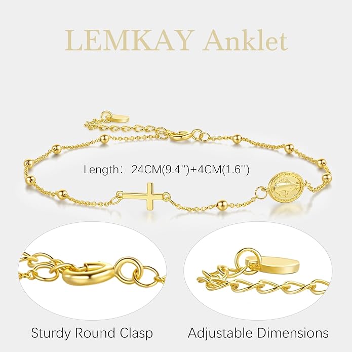 14K Gold Anklets for Women Gold Ankle Bracelets for Women Cross Anklets for Womens with Cross and Jesus Medallion