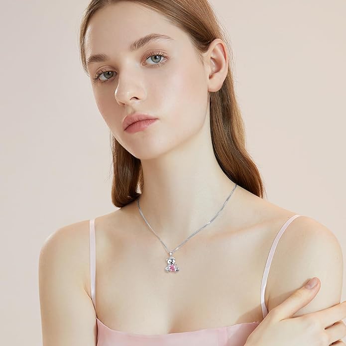 PELOVNY Teddy Bear Necklace for Women 925 Sterling Silver Bear/Highland Cow/Fox/Cat/Axolotl Birthstone Necklace Christmas Birthday Jewelry Gifts for Mom Daughter Wife Sister