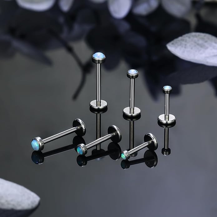Ruifan Titanium Flat Back Lip Rings Externally Threaded Earrings Studs Nose Rings 20G 18G 16G Jeweled Round Opal Tragus Cartilage Lobe Rook Helix Conch Labret Medusa Piercing Jewelry for Women Men