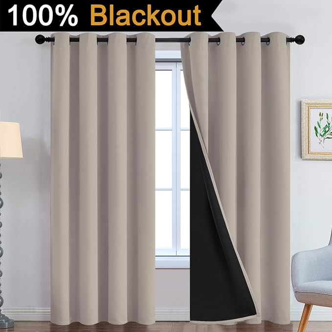 Yakamok Natural Blackout Curtains 90 Inches Long for Bedroom 52" Wide 2 PCS | Blackout Curtain Panels for Bedroom, 2 Thick Layers Grommet Top Thermal Insulated Drapes with Black Liner for Living Room