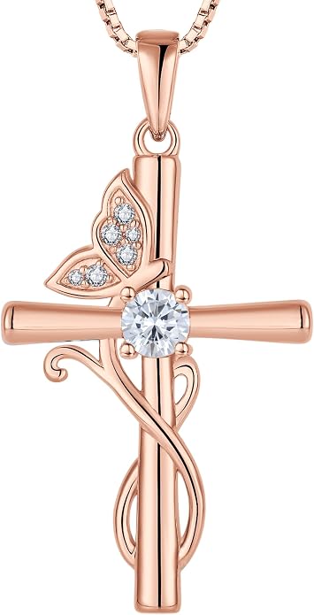 STARCHENIE Butterfly Cross Necklace 925 Sterling Silver Crucifix Pendant Birthstone Jewelry for Women