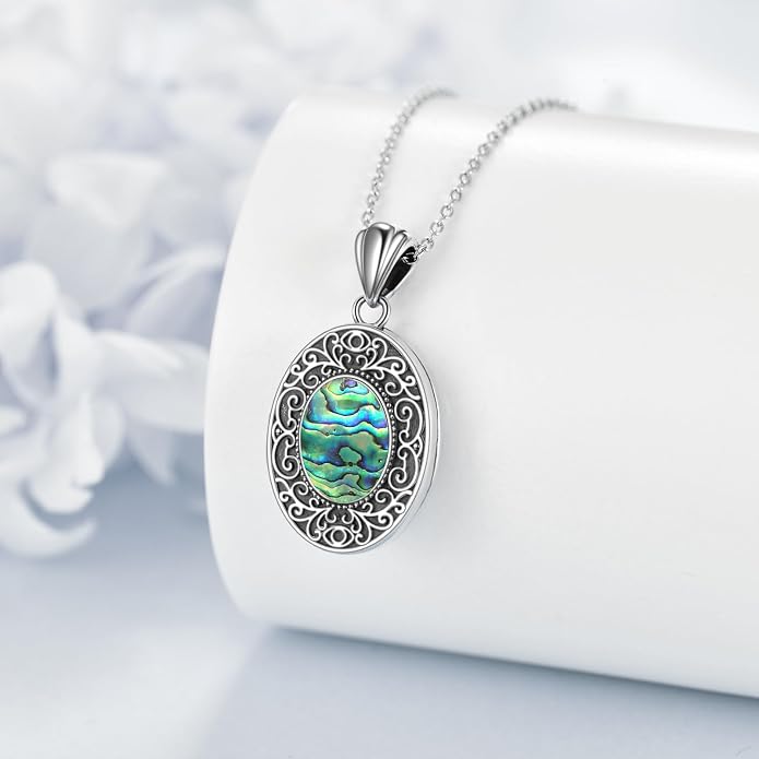 CRMAD Opal/Moonstone/Turquoise Locket Necklace for Women Sterling Silver Oval-Shaped Opal Locket Pendant Holds Pictures Always with You Vintage Style Photos Locket Jewelry Gifts for Loved One