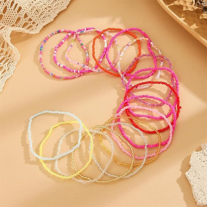 Fuqimanman2020 18Pcs Boho Stackable Beaded Bracelets for Women Colorful Handmade Multilayered Rice Beads Anklets Set Summer Beach Bohemian Jewelry Gift