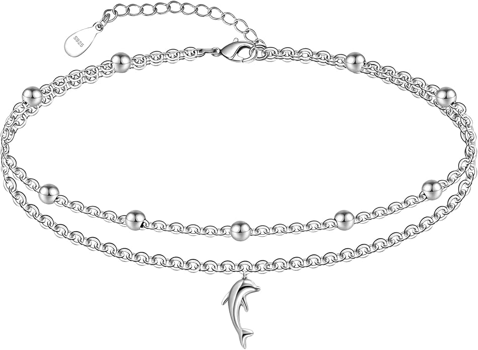 CHIC & ARTSY 925 Sterling Silver Ankle Bracelets for Women, Adjustable Layered Foot Chains with Nature & Symbol Charms, Lightweight Comfort Fit Boho Beach Everyday Jewelry