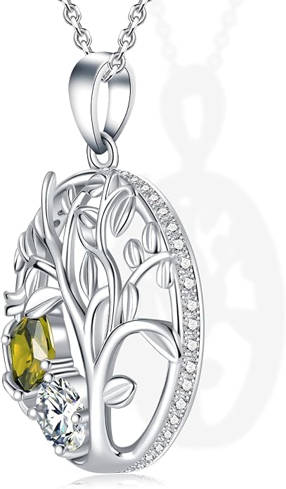 Tree of Life Birthstone Necklace for Women 925 Sterling Silver Birthstone Pendant 12 Months Necklaces with Zircon Birthday Gifts for Women, Mom, Grandma Cable Chain 18"+2"