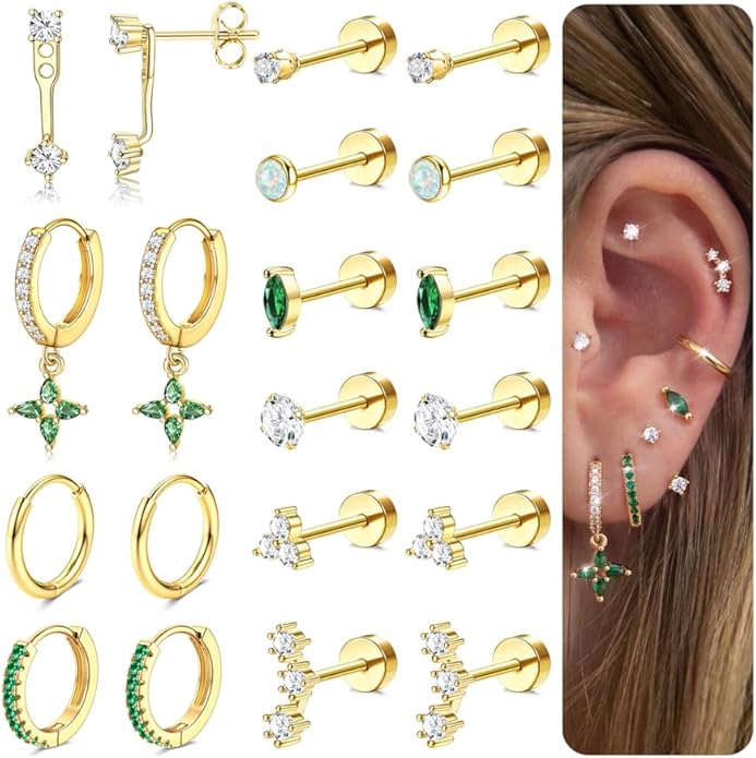 MILACOLATO Hypoallergenic Flat Back Earrings 14K Gold Plated Cartilage Earring Sets for Multiple Piercing 20G Surgical Stainless Steel Earrings for Women Trendy Earring Stacks Small Hoop Flatback Stud Earrings