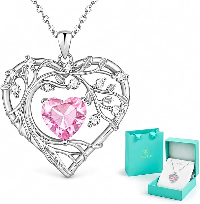 Tree of Life Birthstone Pendant Necklace - 925 Sterling Silver Heart Cubic Zirconia Diamond Women Pendant Necklaces for Her Daughter Girlfriend Birthday Gift Ideas for Wife Mom for Valentines Day