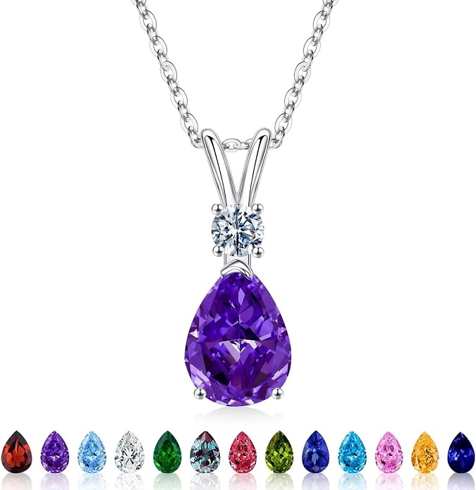 Iefil 925 Sterling Silver Birthstone Necklaces for Women - Teardrop Birthstone Jewelry, Anniversary Birthday Gifts for Women Wife Her