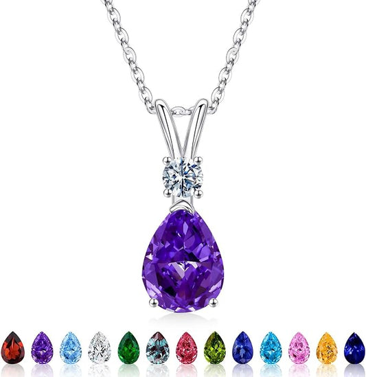 Iefil 925 Sterling Silver Birthstone Necklaces for Women - Teardrop Birthstone Jewelry, Anniversary Birthday Gifts for Women Wife Her