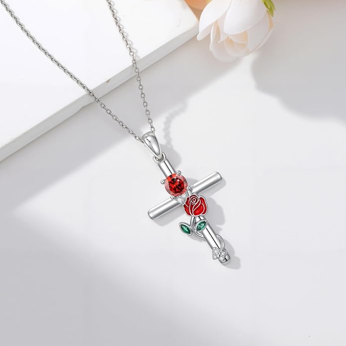 Birthstone Cross Necklace 925 Sterling Silver Rose with Butterfly Birthstone Cross Pendant Necklace Jewelry Gifts for Women Birthday Christmas
