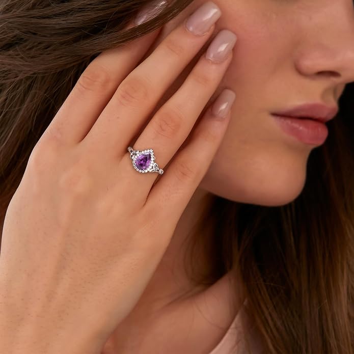 DAYBYDAY Celtic Birthstone Rings for Women 925 Sterling Silver Heart/Round/Pear/Oval Created Gemstone Moissanite Halo Engagement Promise Rings for Her Wife Birthday Anniversary Wedding Jewelry