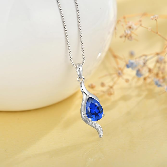 JO WISDOM Birthstone Necklace for Women Teardrop Cubic Zirconia Necklace 925 Sterling Silver Fine Jewelry Birthday Gifts for Women