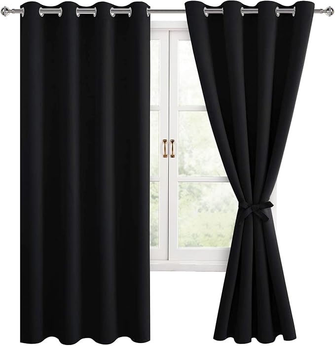 Hiasan Blackout Curtains for Bedroom, 52 x 63 Inches Length - Thermal Insulated & Light Blocking Window Curtains for Living Room, 2 Drape Panels Sewn with Tiebacks, Black