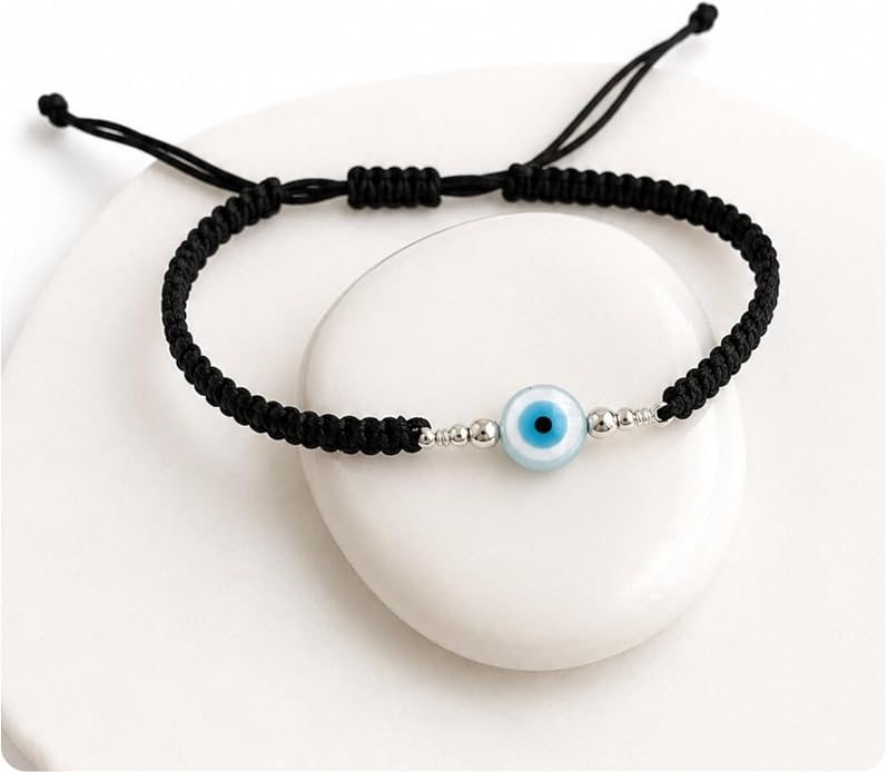 Evil Eye Bracelet for Men Women, Sterling Silver Protection Bracelet, Adjustable Black or Red Woven Cord Bracelet, Good Luck Jewelry Gift