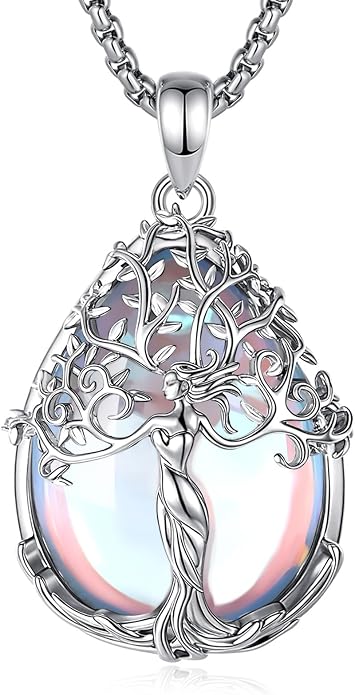 AEONSLOVE Tree of Life Necklace with Crystal for Women, Amethyst/Obsidian/Turquoise/Moonstone/Malachite Crystal Pendant Necklaces for Ladies