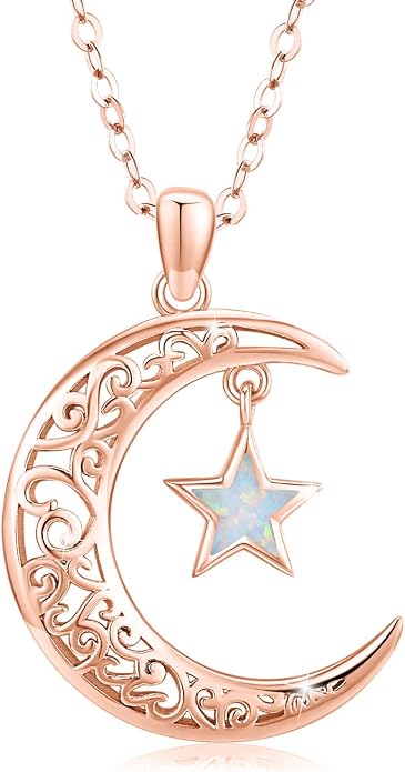 TRISHULA Moon Star Necklace, 925 Sterling Silver Crescent Moon Sun Pendant with Moonstone Crescent Jewelry Gift for Her Sister Birthday Christmas