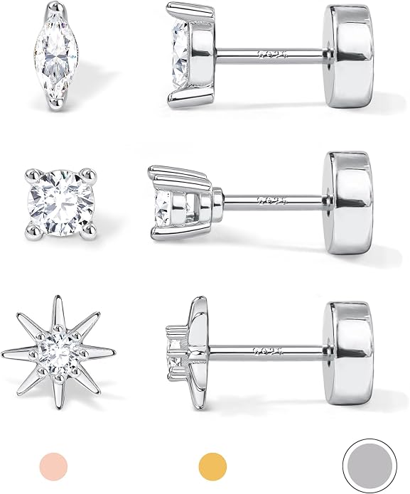 14K Gold Plated Solid 925 Sterling Silver Post Flat Back Earrings Stud | Cartilage Helix Conch Tragus Piercing Jewelry 3 Pairs Tiny Screw Dainty CZ Opal Earring Set Men Women