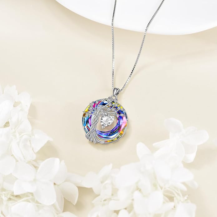 POPLYKE Mothers Day Gifts for Mom Her Wife Tree of Life Necklace 925 Sterling Silver Birthstone Pendant with Crystal Anniversary Birthday Wedding Jewelry for Women