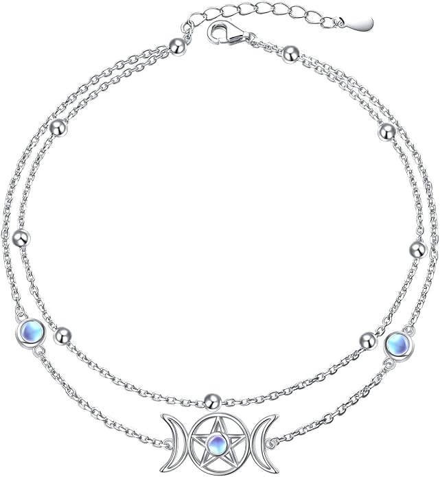 Ladytree S925 Sterling Silver Boho Beach Double Layer Anklets Bracelet for Women Adjustable 9 to 11 inches