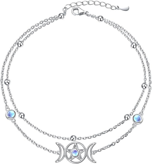 Ladytree S925 Sterling Silver Boho Beach Double Layer Anklets Bracelet for Women Adjustable 9 to 11 inches