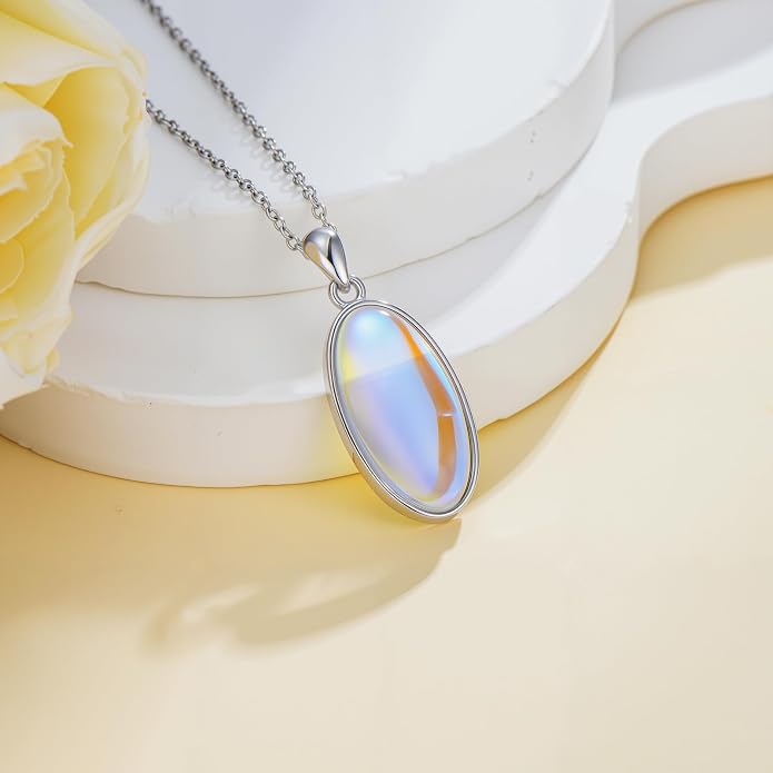 925 Sterling Silver Oval Moonstone/Turquoise Pendant Necklace, Dainty Necklace Jewelry Gifts for Women, with 18+2inch Chain