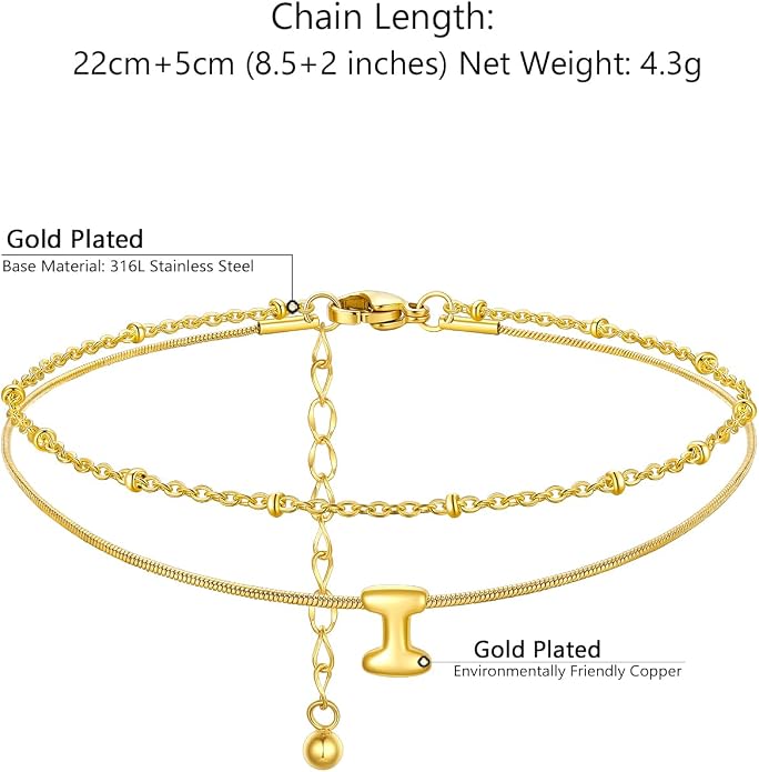 ChainsProMax Initial Ankle Bracelets for Women, Waterproof Anklets Bracelet Adjustable Summer Beach Women Foot Jewelry, Stainless Steel/Gold Plated-Send Gift Box/Letter A-Z
