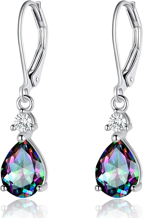925 Sterling Silver Blue Topaz/Amethyst/Rainbow Quartz CZ Teardrop Leverback Earrings Drop Dangly Gemstone Earings Hypoallergenic Birthday Jewelry Gifts for Women