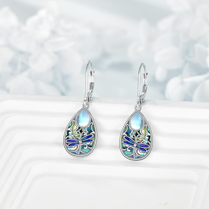 Dragonfly Earrings for Women 925 Sterling Silver Teardrop Leverback Moonstone Earrings Abalone Dangle Earrings Dragonfly Jewelry