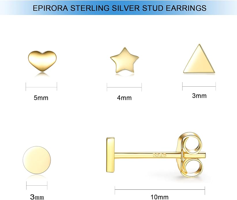 EPIRORA Sterling Silver Stud Earrings for Women Men- 4 Pairs of Hypoallergenic Simple Geometric Small Stud Earring Set Tiny Circle Triangle Square Bar Stud Earrings Mini Cartilage Tragus Earrings